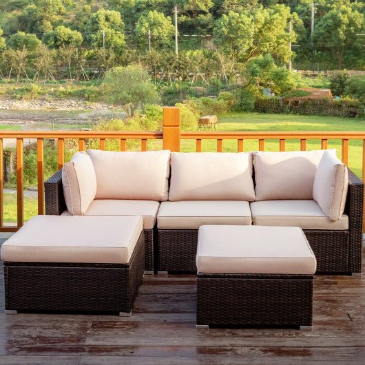  - 5 Pieces Patio Sectional Rattan Furniture Set with Ottoman Table - Outdoor Style Company