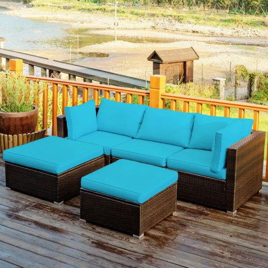  - 5 Pieces Patio Sectional Rattan Furniture Set with Ottoman Table - Outdoor Style Company