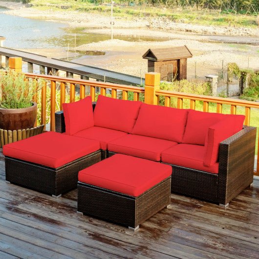  - 5 Pieces Patio Sectional Rattan Furniture Set with Ottoman Table - Outdoor Style Company