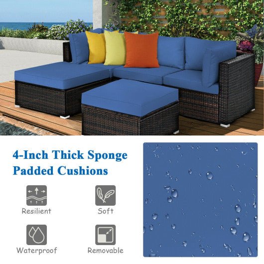  - 5 Pieces Patio Sectional Rattan Furniture Set with Ottoman Table - Outdoor Style Company