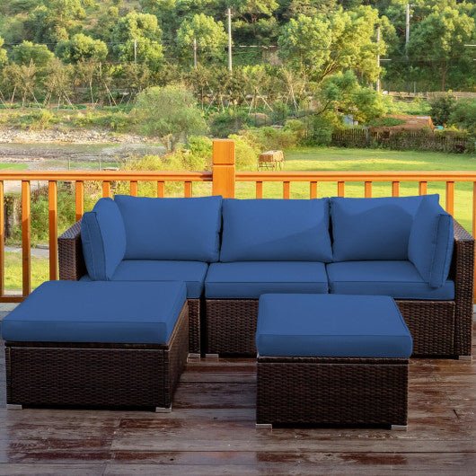  - 5 Pieces Patio Sectional Rattan Furniture Set with Ottoman Table - Outdoor Style Company