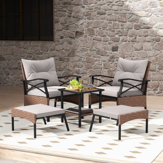  - 5 Pieces Wicker Patio Furniture Set Ottomans and Cushions and 2 - Tier Tempered Glass Side Table - Outdoor Style Company