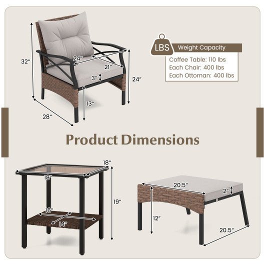  - 5 Pieces Wicker Patio Furniture Set Ottomans and Cushions and 2 - Tier Tempered Glass Side Table - Outdoor Style Company