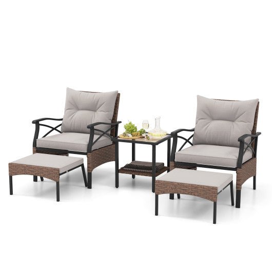  - 5 Pieces Wicker Patio Furniture Set Ottomans and Cushions and 2 - Tier Tempered Glass Side Table - Outdoor Style Company