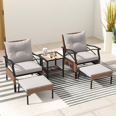  - 5 Pieces Wicker Patio Furniture Set Ottomans and Cushions and 2 - Tier Tempered Glass Side Table - Outdoor Style Company