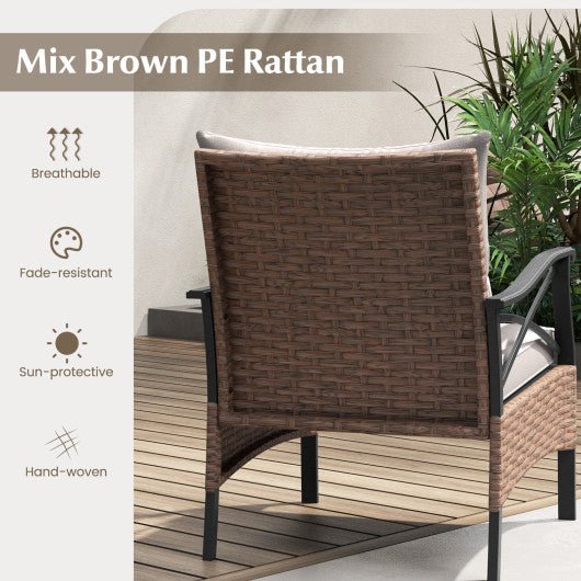  - 5 Pieces Wicker Patio Furniture Set Ottomans and Cushions and 2 - Tier Tempered Glass Side Table - Outdoor Style Company