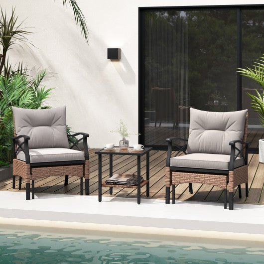  - 5 Pieces Wicker Patio Furniture Set Ottomans and Cushions and 2 - Tier Tempered Glass Side Table - Outdoor Style Company