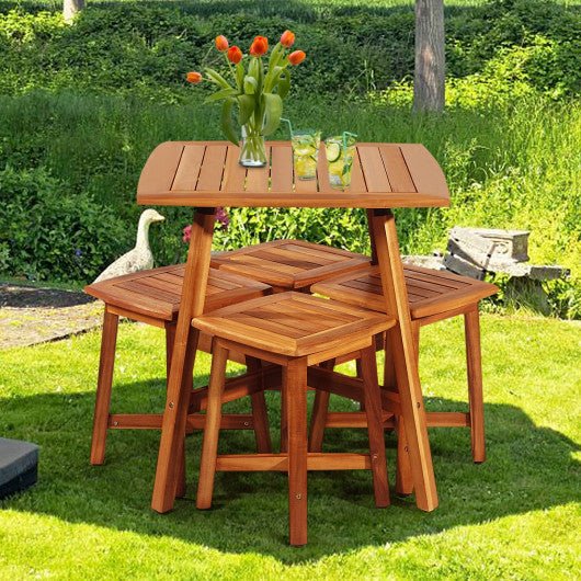  - 5 Pieces Wood Patio Dining Set with Square Table and 4 Stools - Outdoor Style Company