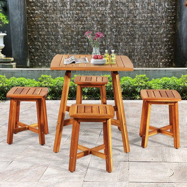  - 5 Pieces Wood Patio Dining Set with Square Table and 4 Stools - Outdoor Style Company