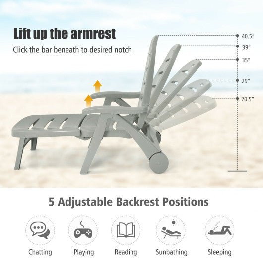  - 5 Position Adjustable Folding Lounger Chaise Chair on Wheels - Outdoor Style Company