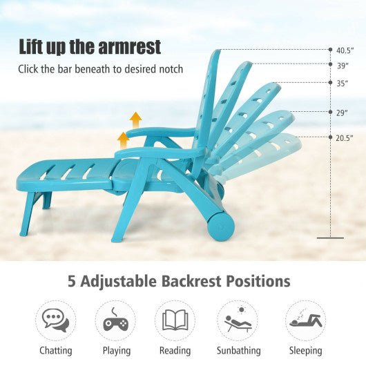  - 5 Position Adjustable Folding Lounger Chaise Chair on Wheels - Outdoor Style Company