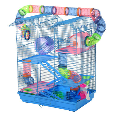 AOSOM-5 Tiers Hamster Cage Small Animal Rat House, Mice Mouse Habitat with Exercise Wheels, Tube, Water Bottles & Ladder, Blue - Outdoor Style Company