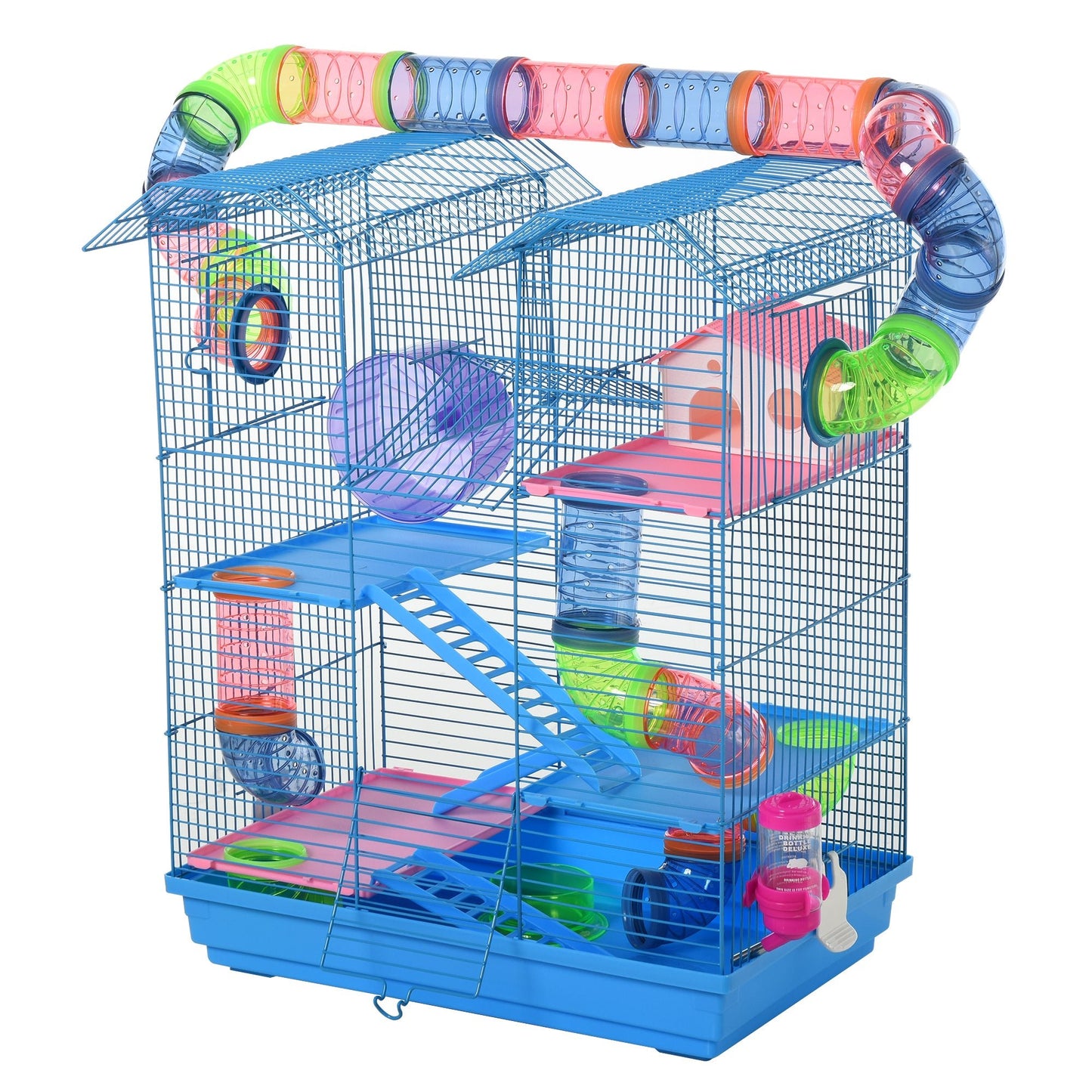 AOSOM-5 Tiers Hamster Cage Small Animal Rat House, Mice Mouse Habitat with Exercise Wheels, Tube, Water Bottles & Ladder, Blue - Outdoor Style Company
