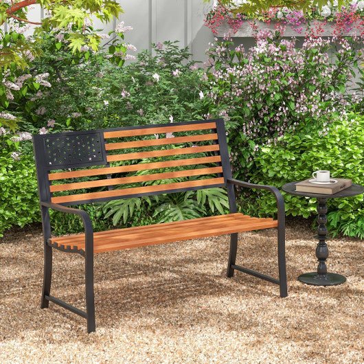  - 50 Inch Outdoor Garden Bench with Flag Pattern Backrest and Rustic Wood Grain Finish - Outdoor Style Company