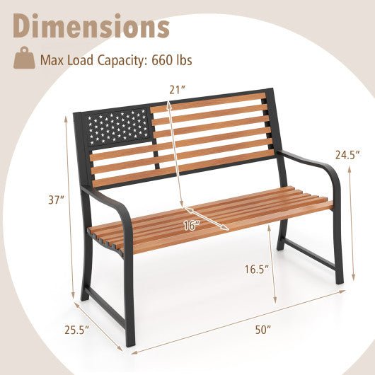  - 50 Inch Outdoor Garden Bench with Flag Pattern Backrest and Rustic Wood Grain Finish - Outdoor Style Company