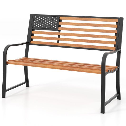  - 50 Inch Outdoor Garden Bench with Flag Pattern Backrest and Rustic Wood Grain Finish - Outdoor Style Company