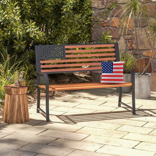  - 50 Inch Outdoor Garden Bench with Flag Pattern Backrest and Rustic Wood Grain Finish - Outdoor Style Company