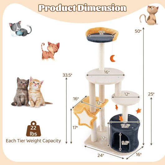  - 50 Inches Cute Cat Tree for Indoor Cats with Sisal Scratching Posts and Board - Outdoor Style Company