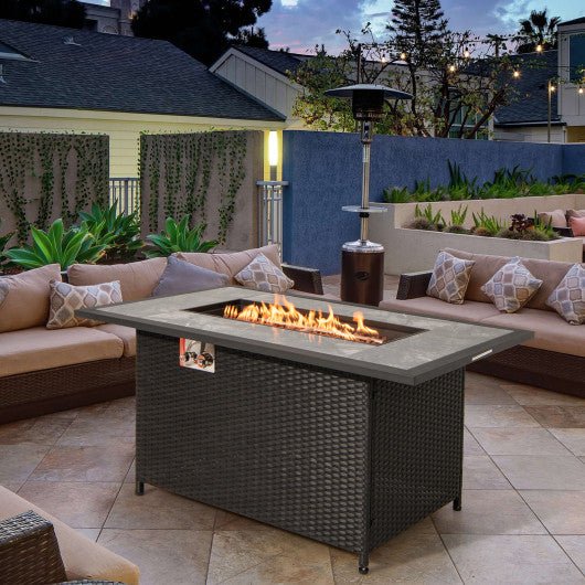  - 52 Inch Rattan Wicker Propane Fire Pit Table with Rain Cover and Lava Rock - Outdoor Style Company