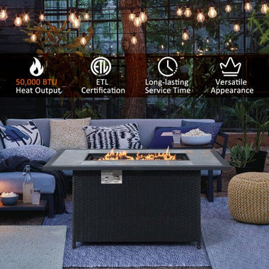  - 52 Inch Rattan Wicker Propane Fire Pit Table with Rain Cover and Lava Rock - Black - Outdoor Style Company