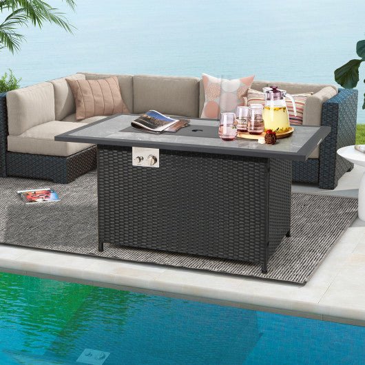  - 52 Inch Rattan Wicker Propane Fire Pit Table with Rain Cover and Lava Rock - Black - Outdoor Style Company