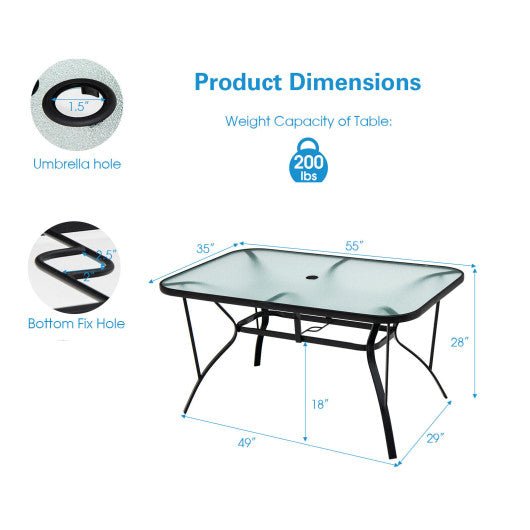  - 55 x 35 Inch Patio Dining Rectangle Tempered Glass Table with Umbrella Hole - Outdoor Style Company