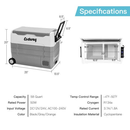  - 58 Quarts Car Refrigerator Portable RV Freezer Dual Zone with Wheel - Outdoor Style Company