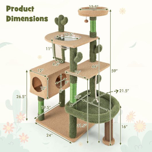  - 59 Inch Multilevel Cactus Cat Tree with Scratching Posts Cando Toy and Rope - Outdoor Style Company