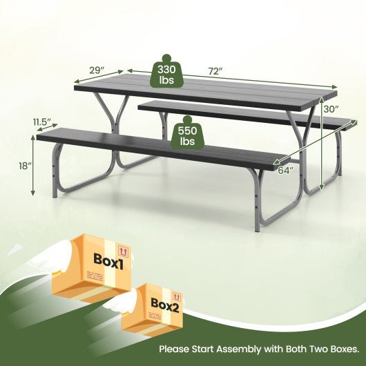  - 6 Feet Picnic Table Bench Set with HDPE Tabletop for 8 Person - Black - Outdoor Style Company