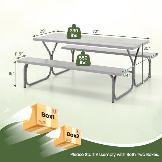  - 6 Feet Picnic Table Bench Set with HDPE Tabletop for 8 Person - Gray - Outdoor Style Company