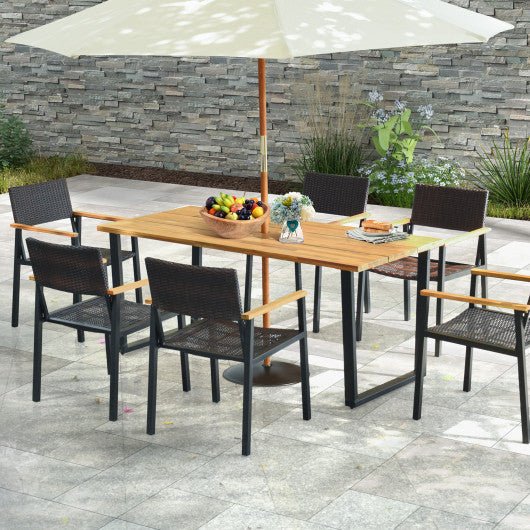  - 6 - Person Acacia Wood Outdoor Dining Table with 2 Inch Umbrella Hole - Outdoor Style Company