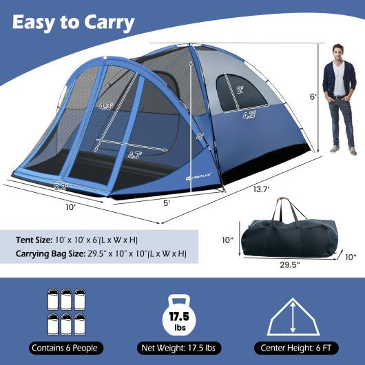  - 6 - Person Large Camping Dome Tent with Screen Room Porch and Removable Rainfly - Outdoor Style Company