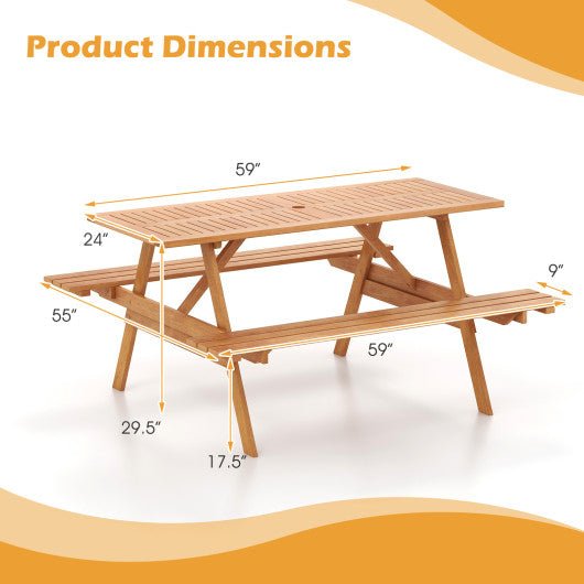  - 6 Person Picnic Table Set Patio Rectangle with 2 Built - in Benches and Umbrella Hole - Outdoor Style Company