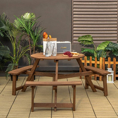  - 6 - person Round Wooden Picnic Table with Umbrella Hole and 3 Built - in Benches - Dark Brown - Outdoor Style Company