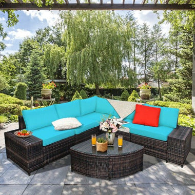  - 6 Piece Wicker Patio Sectional Sofa Set with Tempered Glass Coffee Table - Outdoor Style Company