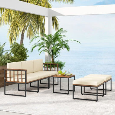  - 6 Pieces Acacia Wood Patio Furniture Set with Coffee Table and Ottomans - Outdoor Style Company