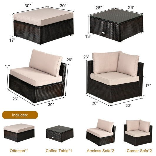  - 6 Pieces Outdoor Patio Rattan Furniture Set Sofa Ottoman - Outdoor Style Company