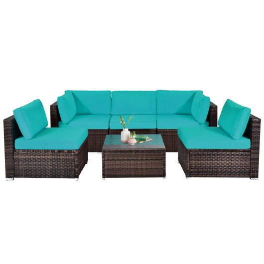  - 6 Pieces Patio Rattan Furniture Set with Cushions and Glass Coffee Table - Outdoor Style Company