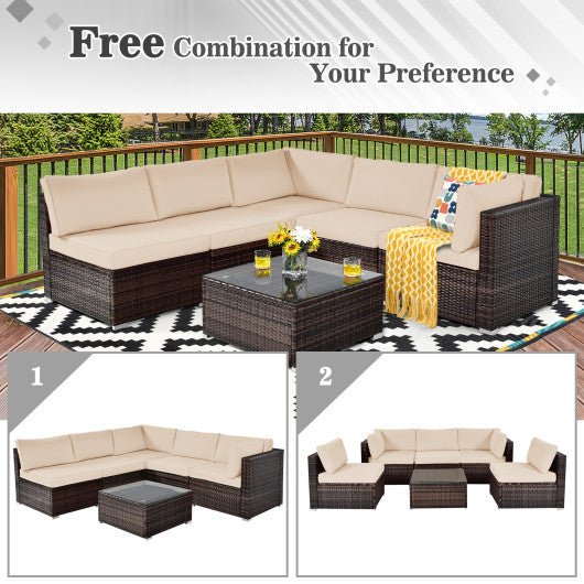  - 6 Pieces Patio Rattan Furniture Set with Cushions and Glass Coffee Table - Outdoor Style Company