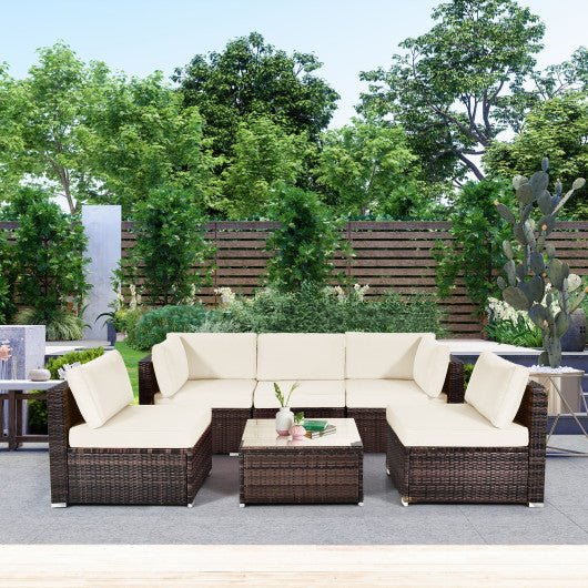  - 6 Pieces Patio Rattan Furniture Set with Cushions and Glass Coffee Table - Outdoor Style Company