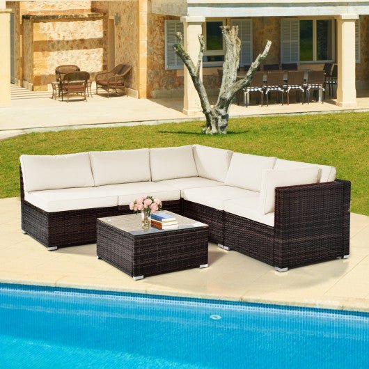  - 6 Pieces Patio Rattan Furniture Set with Cushions and Glass Coffee Table - Outdoor Style Company