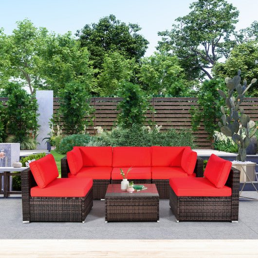  - 6 Pieces Patio Rattan Furniture Set with Cushions and Glass Coffee Table - Outdoor Style Company