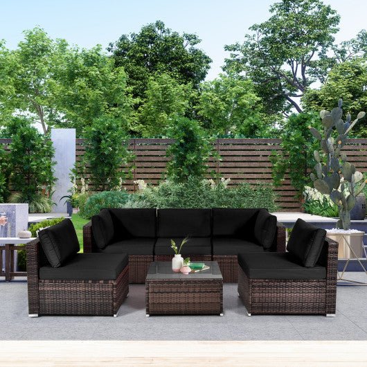  - 6 Pieces Patio Rattan Furniture Set with Cushions and Glass Coffee Table - Outdoor Style Company