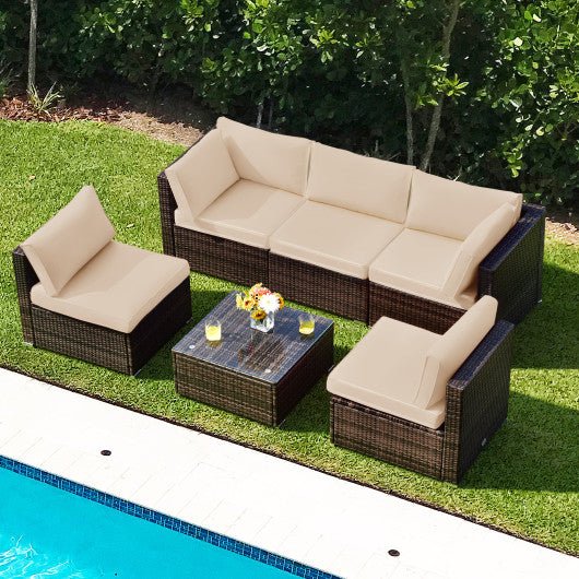  - 6 Pieces Patio Rattan Furniture Set with Cushions and Glass Coffee Table - Outdoor Style Company