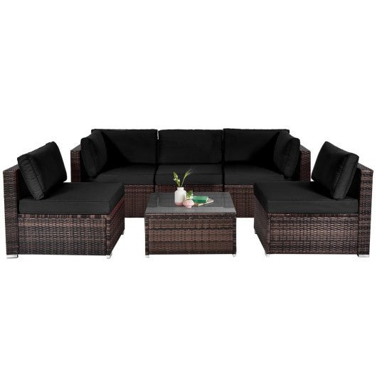  - 6 Pieces Patio Rattan Furniture Set with Cushions and Glass Coffee Table - Outdoor Style Company