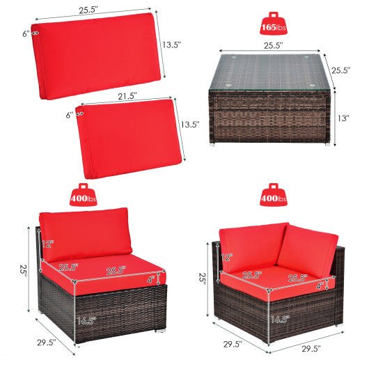  - 6 Pieces Patio Rattan Furniture Set with Cushions and Glass Coffee Table - Outdoor Style Company