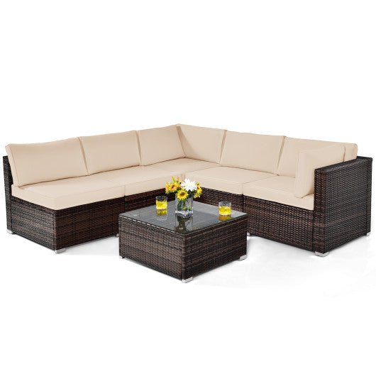  - 6 Pieces Patio Rattan Furniture Set with Cushions and Glass Coffee Table - Outdoor Style Company