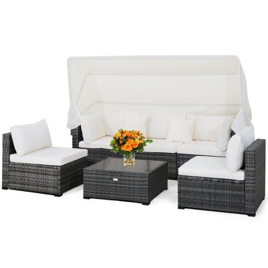  - 6 Pieces Patio Rattan Furniture Set with Retractable Canopy - Outdoor Style Company