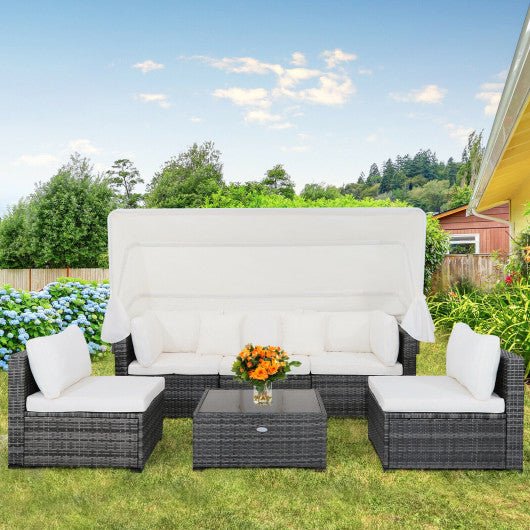  - 6 Pieces Patio Rattan Furniture Set with Retractable Canopy - Outdoor Style Company