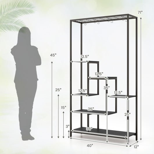  - 6 - Tier Tall Plant Stand 71 Inch Metal Indoor Plant Shelf with 10 Hanging Hooks - Outdoor Style Company